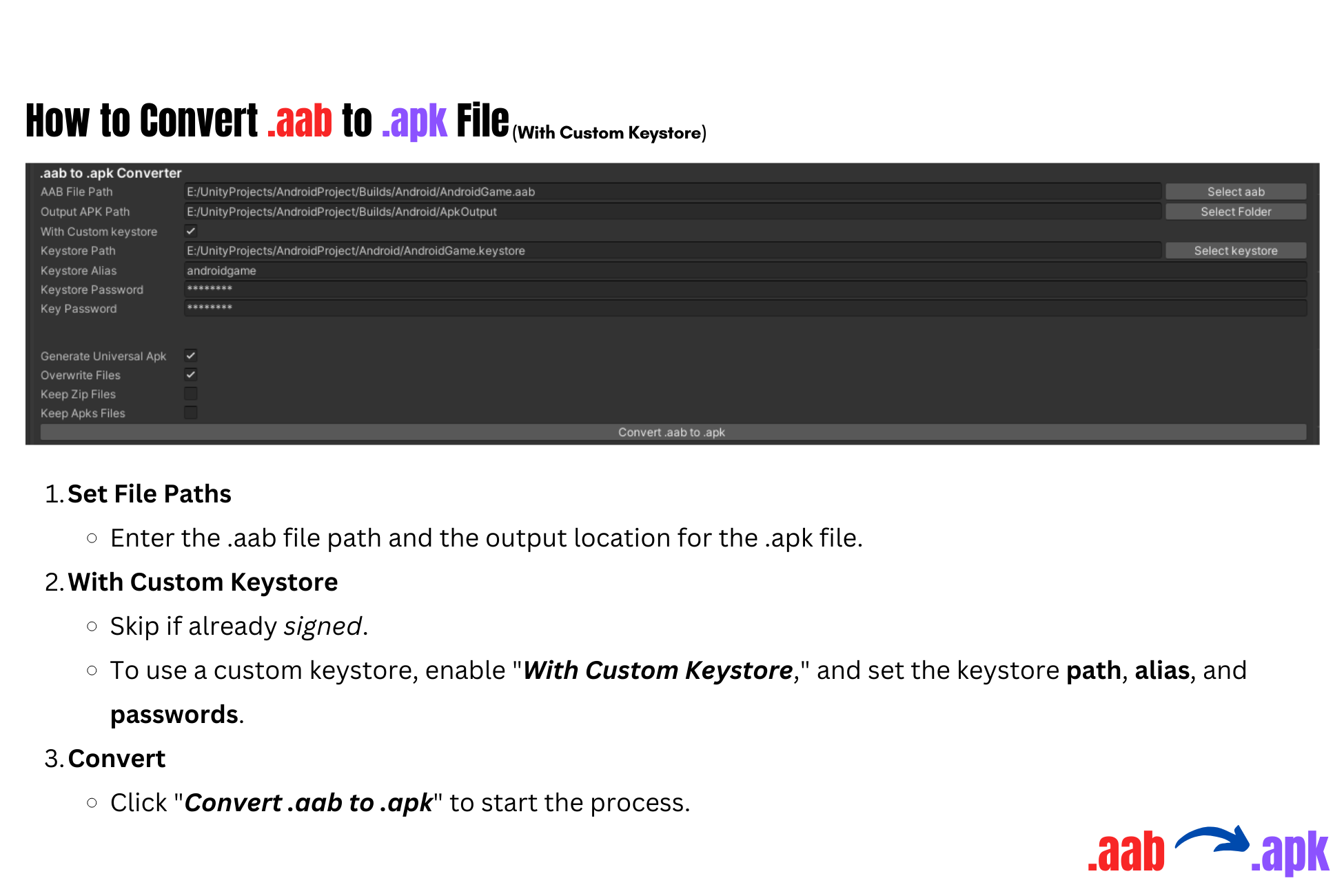 How to convert .aab to .apk with Custom Keystore